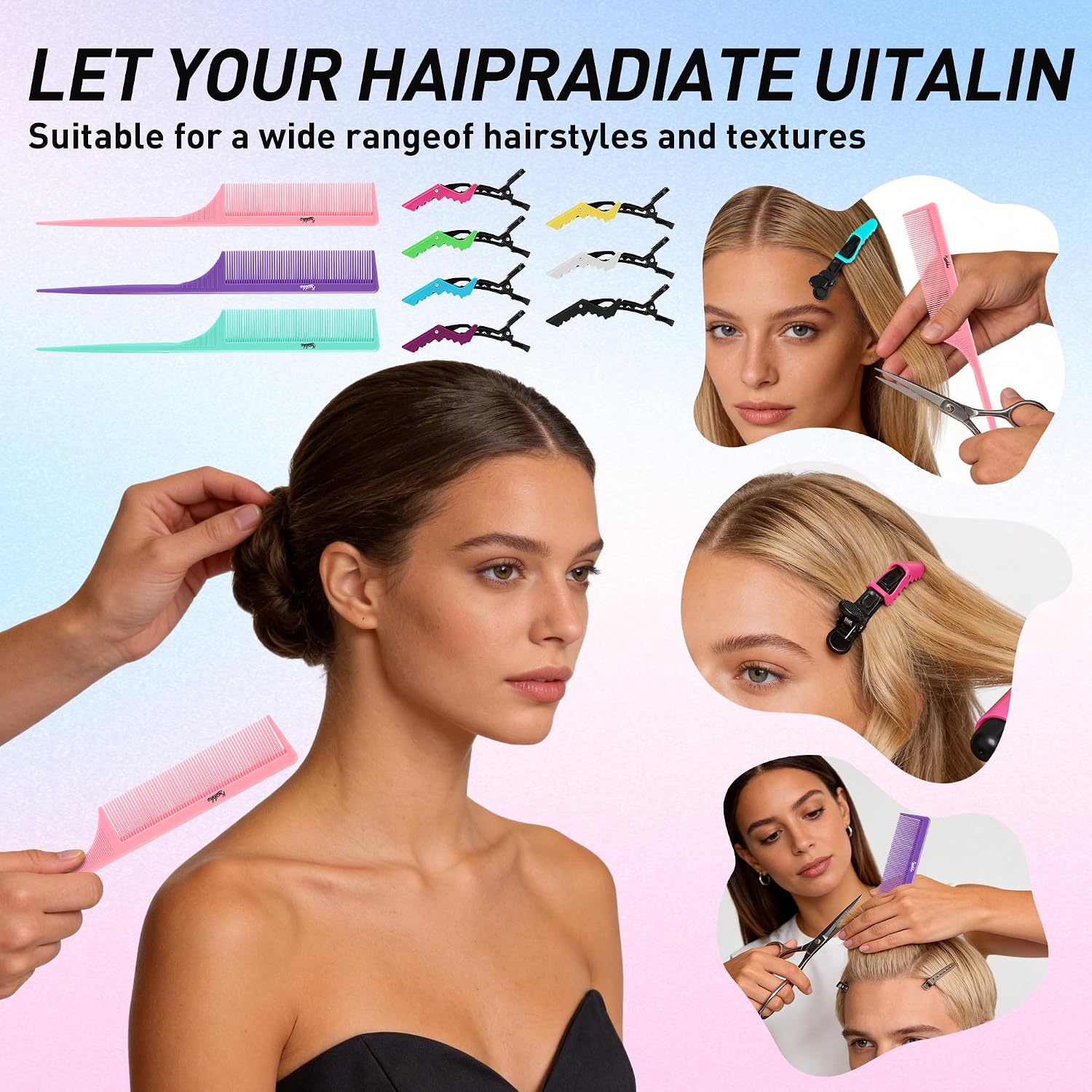 10Pcs Rat Tail Comb Hair Clips Set:3 Anti-Static, Heat-Resistant Carbon Fiber Parting Comb And 7 Sectioning Hair Clips Suitable For Precision Sectioning, Coloring, Braiding, And Daily Styling