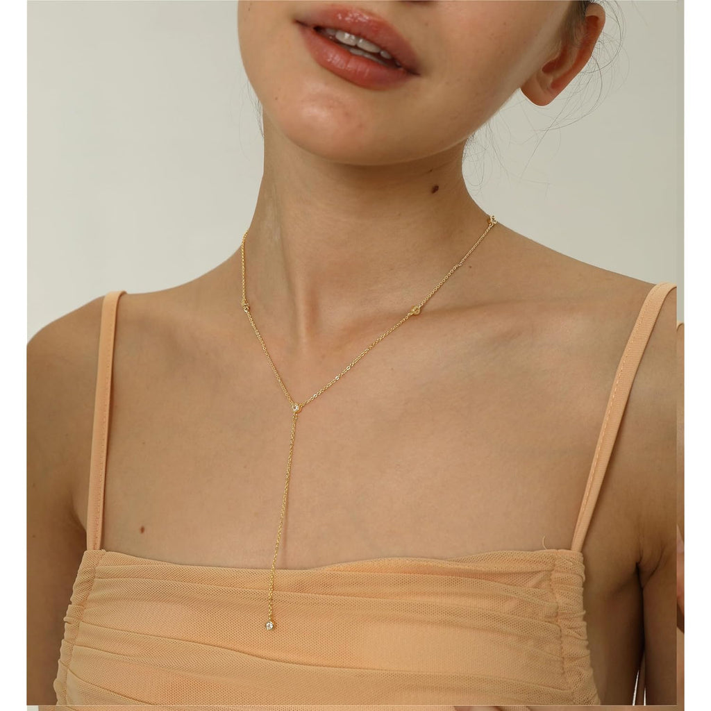 LuckFairy Lariat Necklace for Women，Dainty Gold Long Necklaces 14k Gold Plated CZ Lips Bead Y-Shaped Drop Chain Necklace Simple Gold Layered Necklaces for Women Trendy Gold Jewelry Gifts for Women