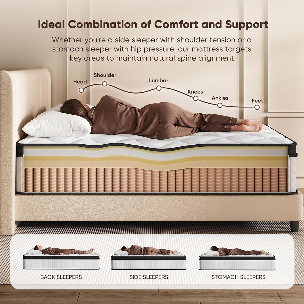 Queen Hybrid Mattress 12 Inch In A Box, Cooling Gel Memory Foam & Pocket Springs, Medium Firm, Pressure Relief & Motion Isolation, Extra Edge Support, Fiberglass Free, All Sleep Positions, Pillow Top