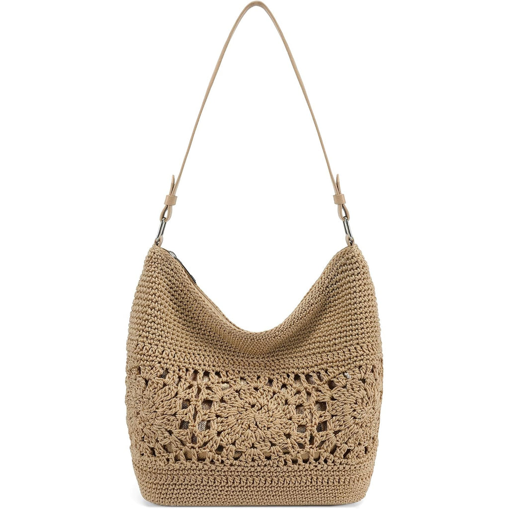 Crochet Hobo Bags For Women Woven Lightweight Boho Shoulder Purse And Handbags With Leather Strap Khaki