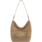 Crochet Hobo Bags For Women Woven Lightweight Boho Shoulder Purse And Handbags With Leather Strap Khaki