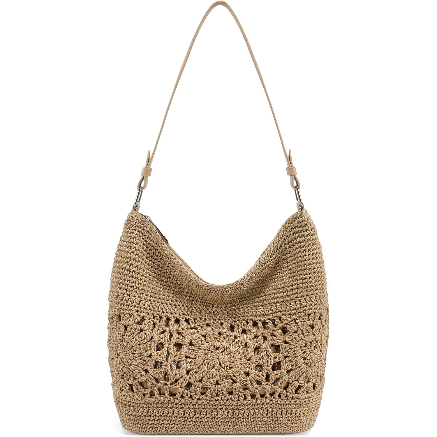 Crochet Hobo Bags For Women Woven Lightweight Boho Shoulder Purse And Handbags With Leather Strap Khaki