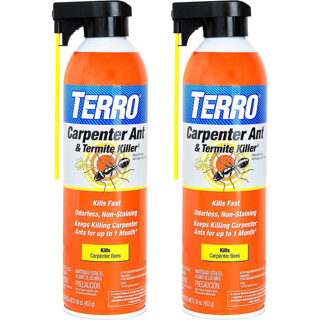 Terro Ready To Use Indoor And Outdoor Carpenter Ant, Termite, And Carpenter Bee Killer Aerosol Spray - T1901Sr - 2 Pack, 32 Total Ounces | Indoor & Outdoor Treatment For Ants, Termites, & Wood-Infesting Insects, Two-Way Spray Nozzle, 32 Total Oz