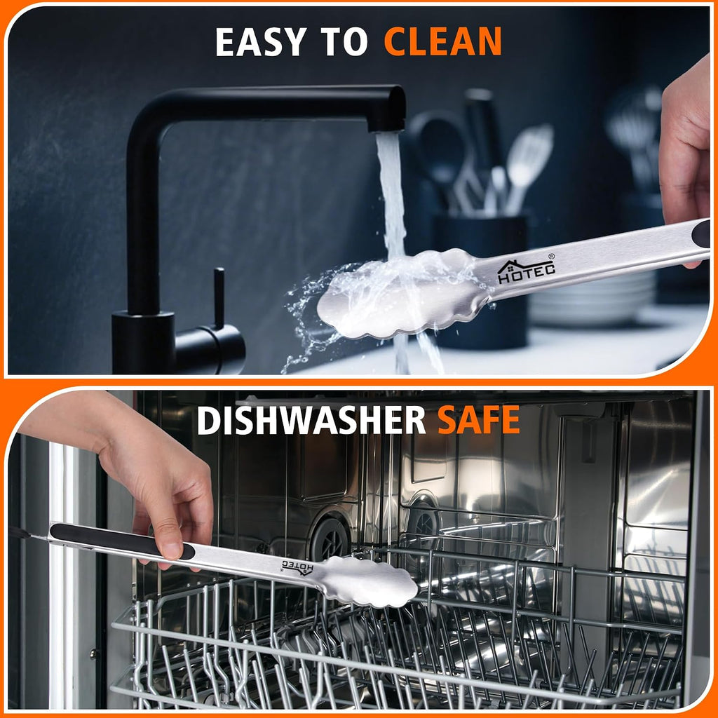 Hotec Stainless Steel Kitchen Tongs, Set Of 2-9" And 12", Locking Metal Food Tongs For Cooking, Serving, Bbq, Grill Non-Slip Grip