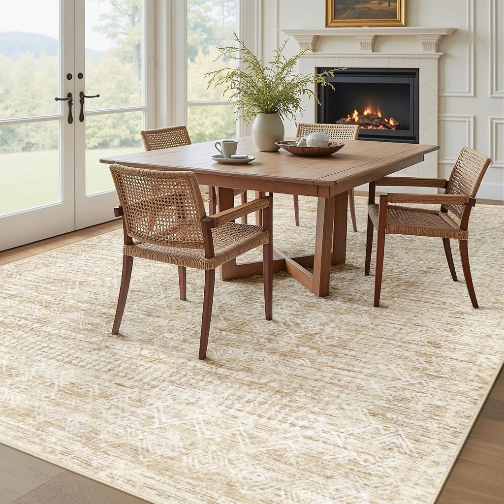 Living Room Rugs 8X10: Washable Moroccan Geometric Boho Rug Farmhouse Non Slip Stain Resistant Large Rug Low Pile Soft Carpet For Bedroom Dining Room Children Room (Beige,8'X10')