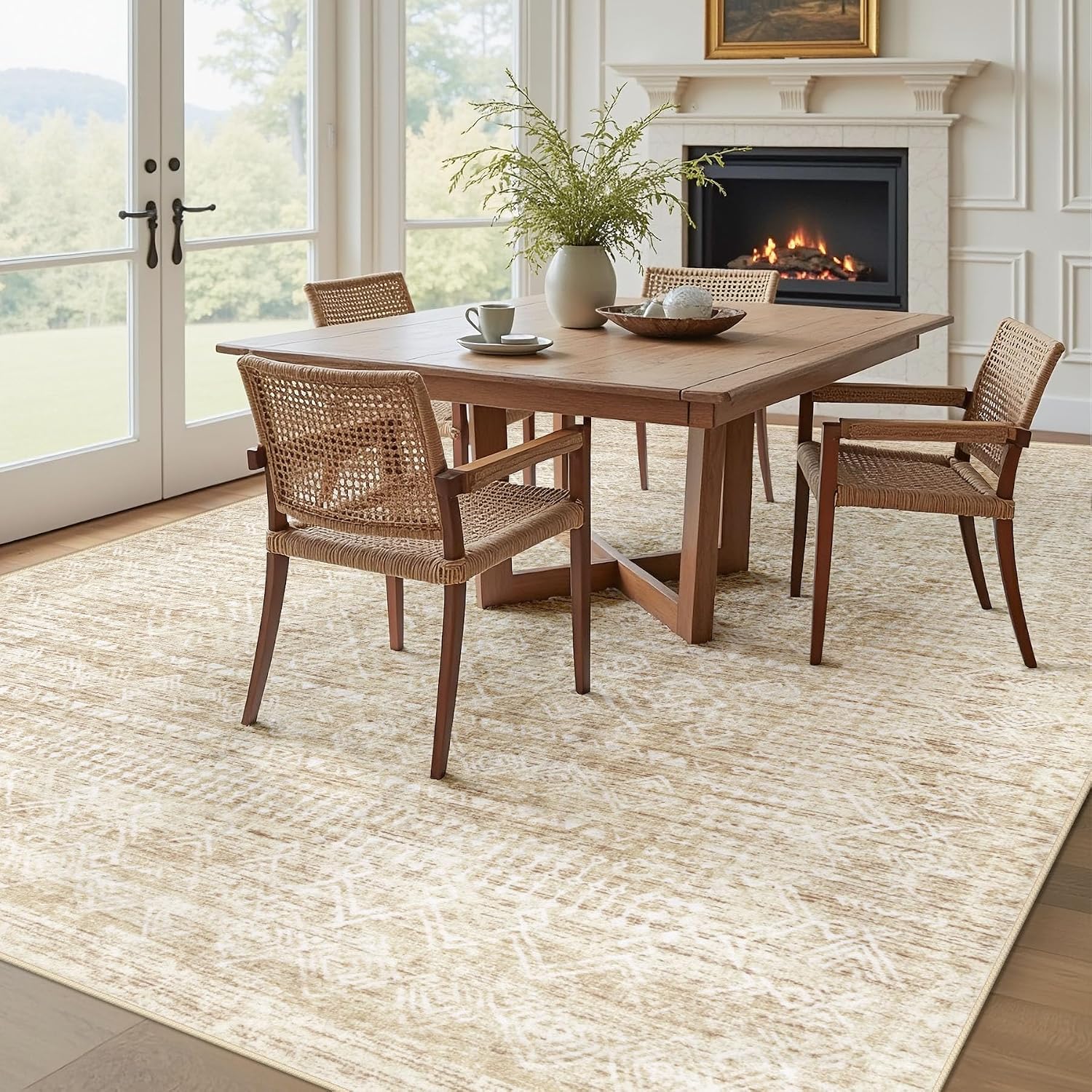 Living Room Rugs 8X10: Washable Moroccan Geometric Boho Rug Farmhouse Non Slip Stain Resistant Large Rug Low Pile Soft Carpet For Bedroom Dining Room Children Room (Beige,8'X10')