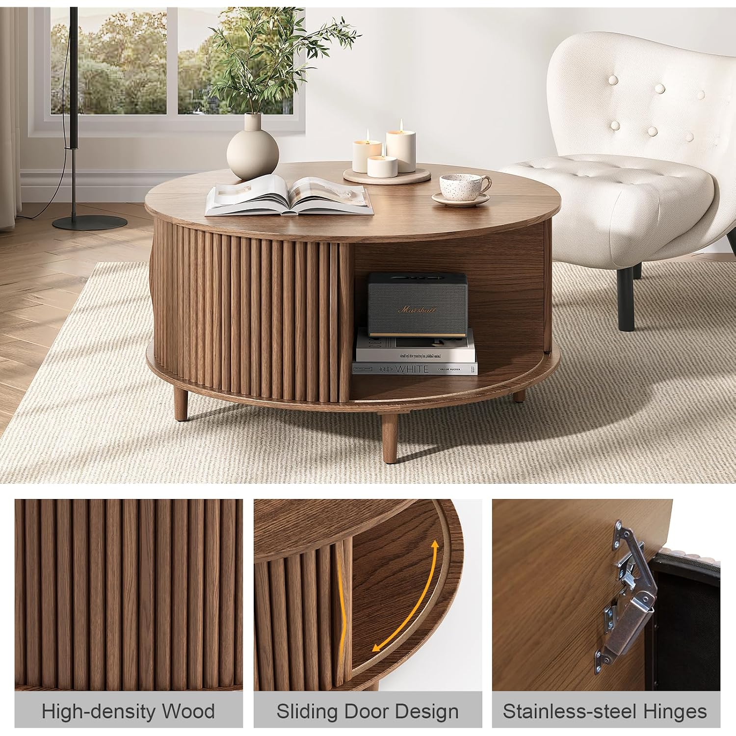 Joinice 31.5" Round Coffee Table With Storage For Living Room, Walnut | Hidden Storage,Fluted Sliding Door,Mid Century Furniture For Small Apartments,Solid Wood Legs,Easy Assembly,Up To 110 Lbs