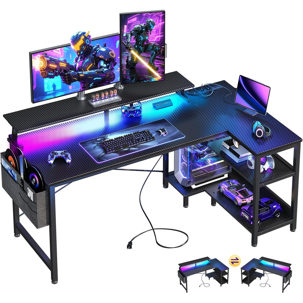 Odk 48 Inch Gaming Desk With Usb Charging Ports And Led Lights, Reversible L Shaped Computer Desk With Storage Shelves & Monitor Stand, Corner Gamer Desk Table With Power Outlets, Black