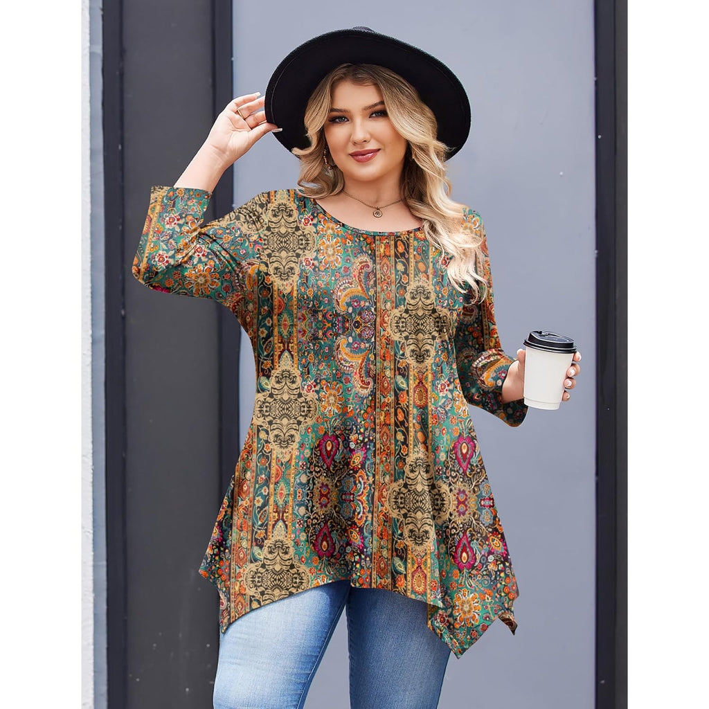 IN'VOLAND Plus Size Tops for Women 3/4 Sleeve Shirts Tunic Tops to Wear with Leggings Loose Fit Summer Fall Clothes