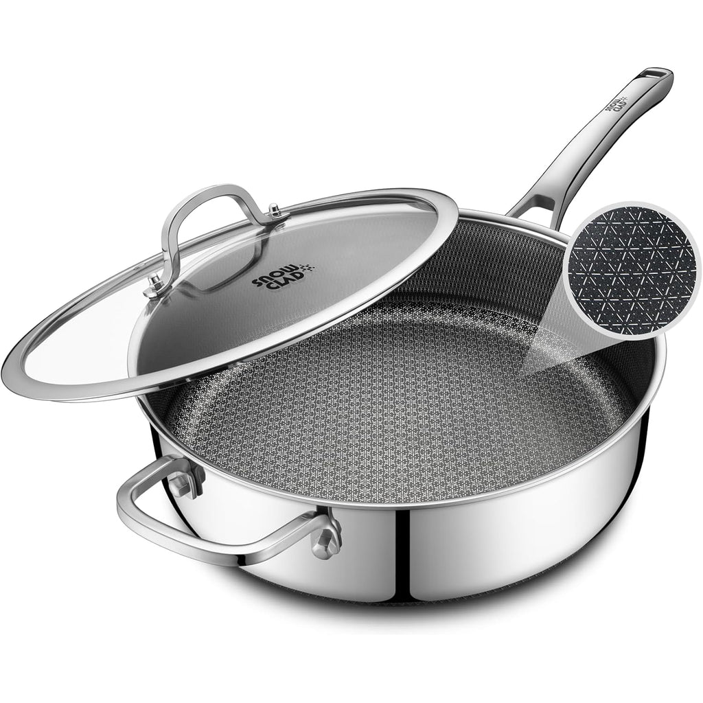 SNOWCLAD Frying Pans Nonstick with Lid,Hybrid Non Stick 5 Quart Saute pan,PFOA Free Cookware,Stainless Steel skillet,12 inch Deep Saute Pan,Dishwasher&Oven Safe,Works on All Cooktops