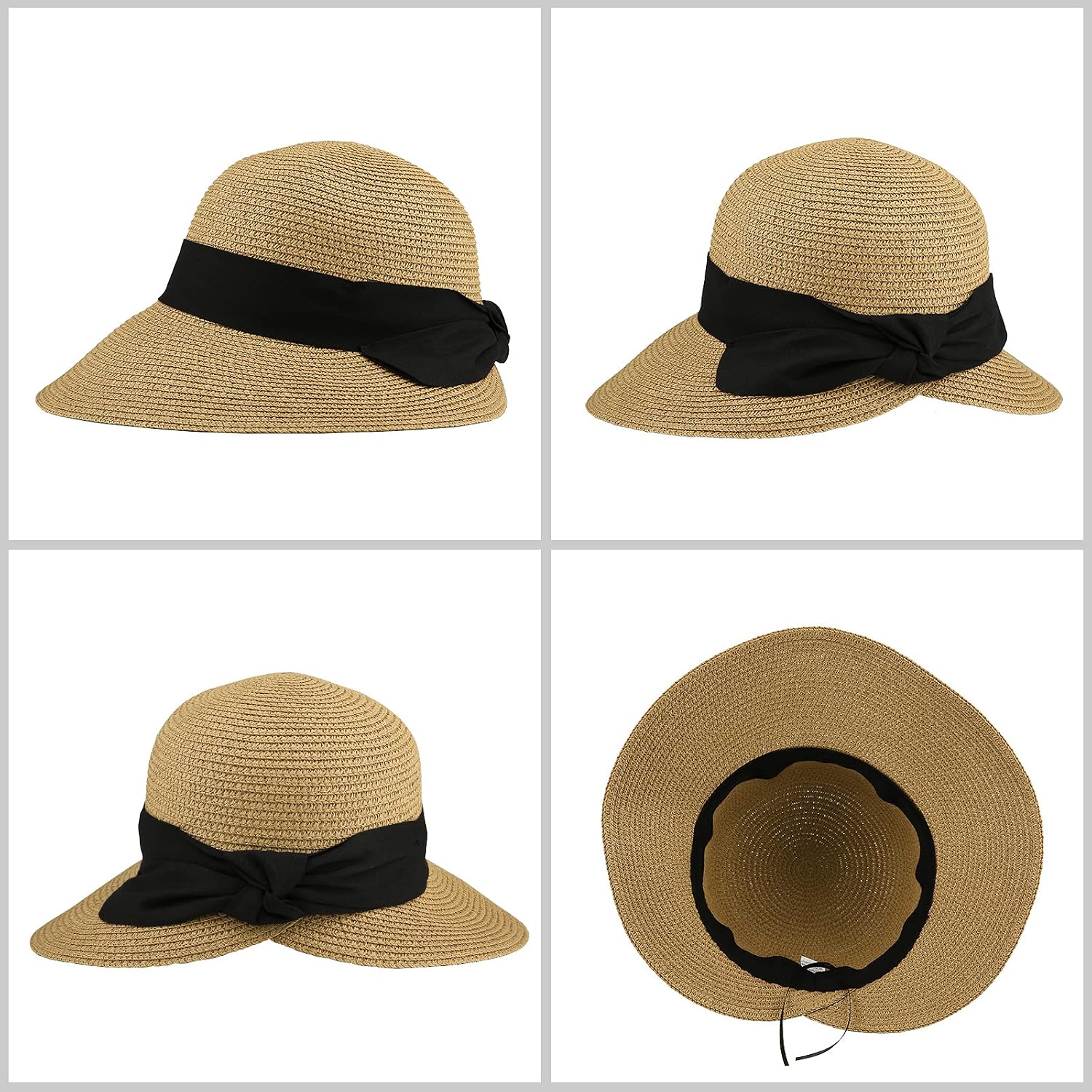 Womens Straw Sun Hat Wide Brim Foldable Panama Roll up Cap Fedora Beach Sun Hat UPF50+ Coffee