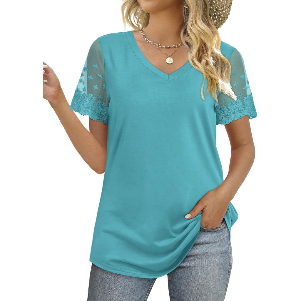 Ofeefan Casual V Neck T Shirts For Women Lace Short Sleeve Curved Hem Tops Loose Fit