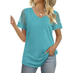 Ofeefan Casual V Neck T Shirts For Women Lace Short Sleeve Curved Hem Tops Loose Fit