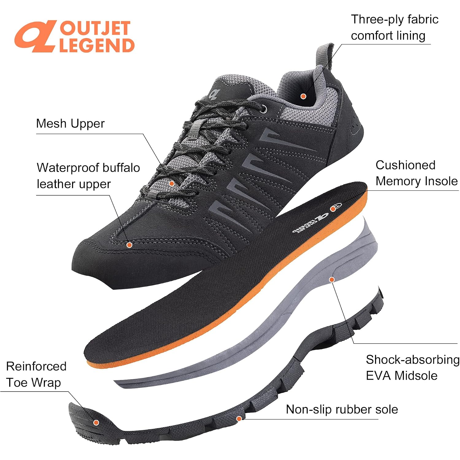 Ol Outjet Legend Men'S Waterproof Hiking Shoes Leather Comfortable Lightweight Anti-Slip Outdoor Walking Work Sneakers