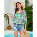 Boho Tops for Women Floral Print 3/4 Sleeve V Neck Blouse Pleated Flowy Vacation Casual Summer Tunic Blouses