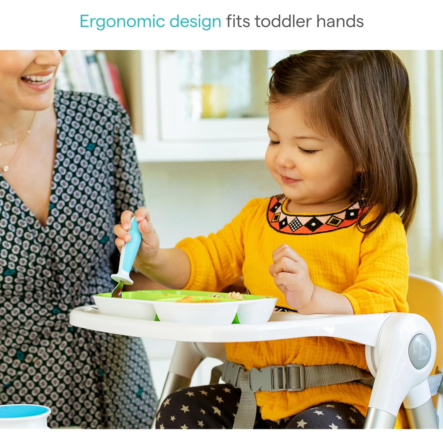 Munchkin® Raise™ Toddler Fork and Spoon Utensil Set, Rest Keeps Tip Off Table, BPA Free, 4 Pack, Blue/Green