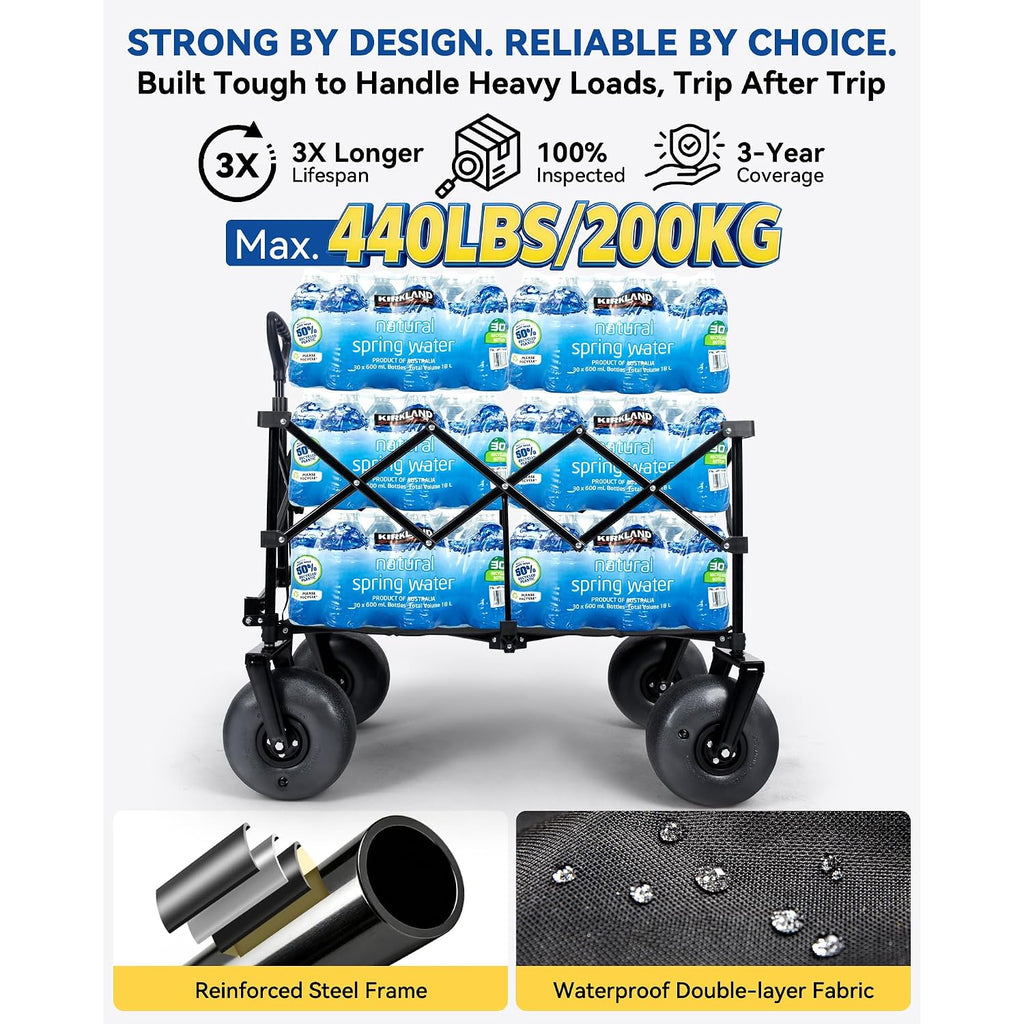 Hikenture Beach Wagon With Balloon Wheels, 9" Pu Tires Collapsible Wagon | 440Lbs Heavy Duty Beach Cart With Big Wheels For Sand, Large Capacity Utility Wagons Carts Foldable
