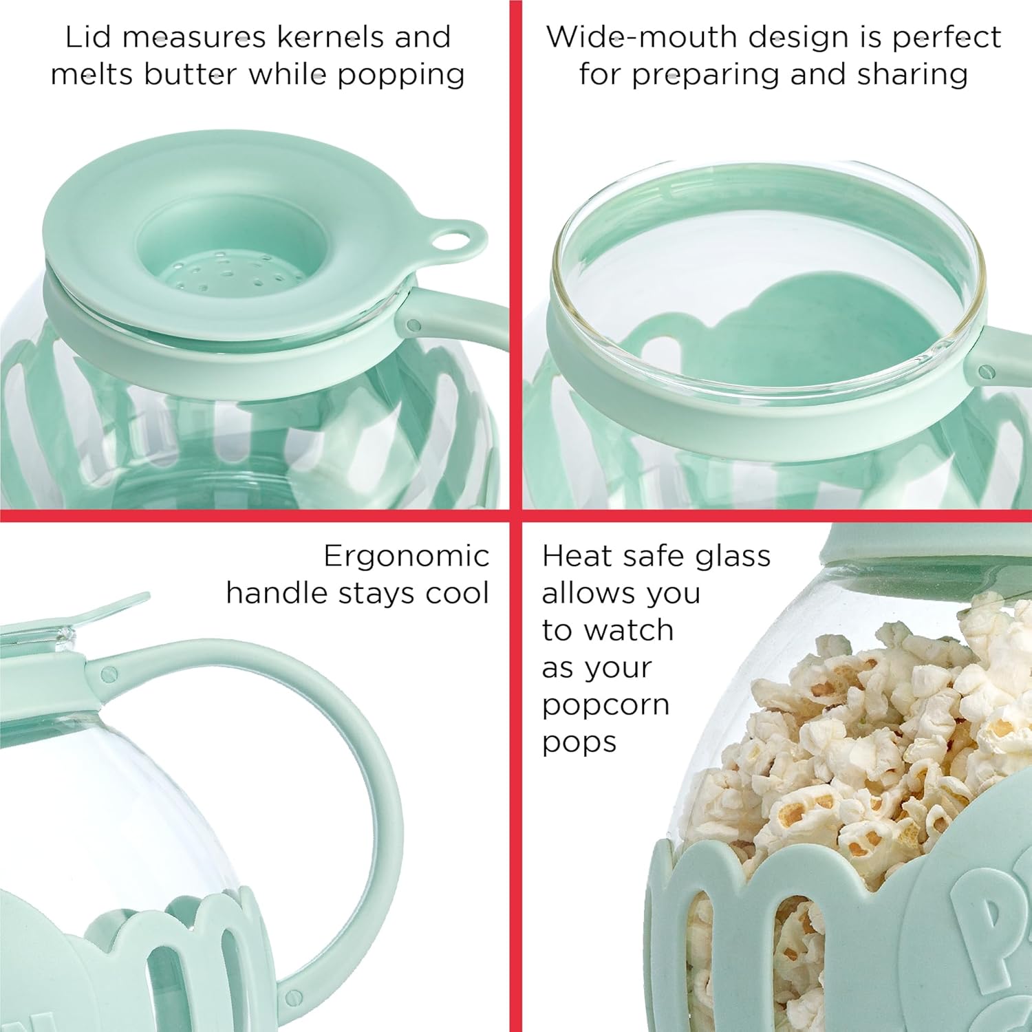 Ecolution Patented Micro-Pop Microwave Popcorn Popper with Temperature Safe Glass, 3-in-1 Lid Measures Kernels and Melts Butter, Made Without BPA, Dishwasher Safe, 3-Quart, Aqua