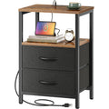 Huuger Nightstand With Charging Station, Side Table With Fabric Drawers, End Table With Open Shelf, Bedside Table With Usb Ports And Outlets, Night Stand For Bedroom, Rustic Brown And Black