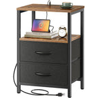 Huuger Nightstand With Charging Station, Side Table With Fabric Drawers, End Table With Open Shelf, Bedside Table With Usb Ports And Outlets, Night Stand For Bedroom, Rustic Brown And Black