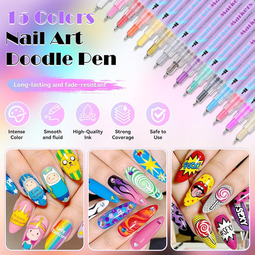 15 Colors Nail Art Pens Set, 2026 New Nail Art Markers for Gel Nails, DIY Nail Art Pens for Painting Nails, Quick-drying Nail for DIY Nails Art Design Manicure Tools TA640-15