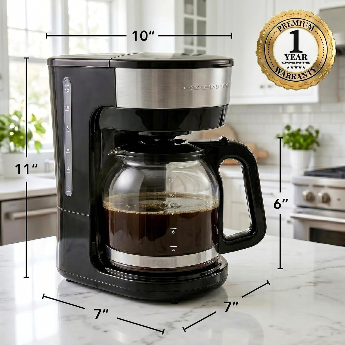 Ovente 12-Cup Drip Coffee Maker With Borosilicate Glass Carafe, One-Touch Operation Machine, Anti-Drip System, Reusable Filter And Clear View Water Level Gauge, Ideal For Home Or Office, Black Cm412B