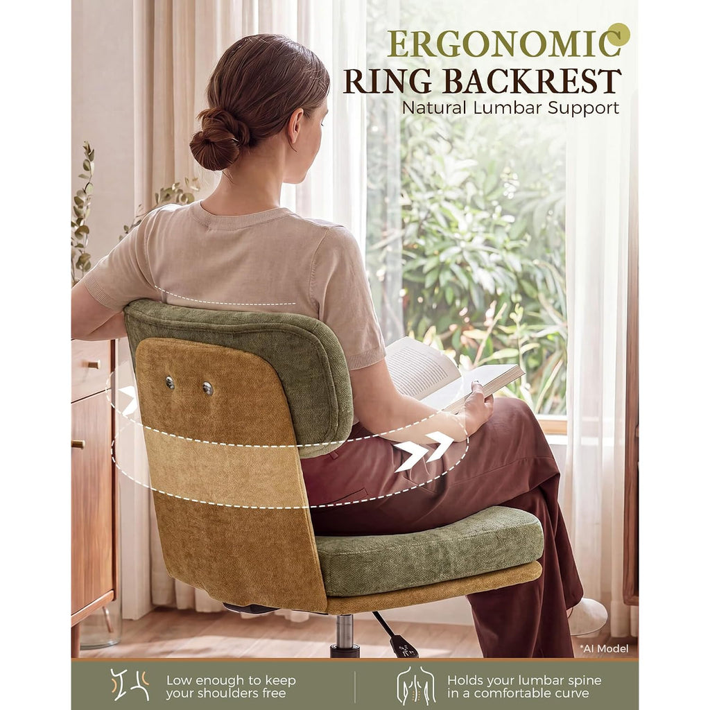Comhoma Home Office Desk Chairs With Ergonomic Curved Backrest, Mid Century Modern Vanity Chair With Wheel For Bedroom, Chenille Upholstered, Green