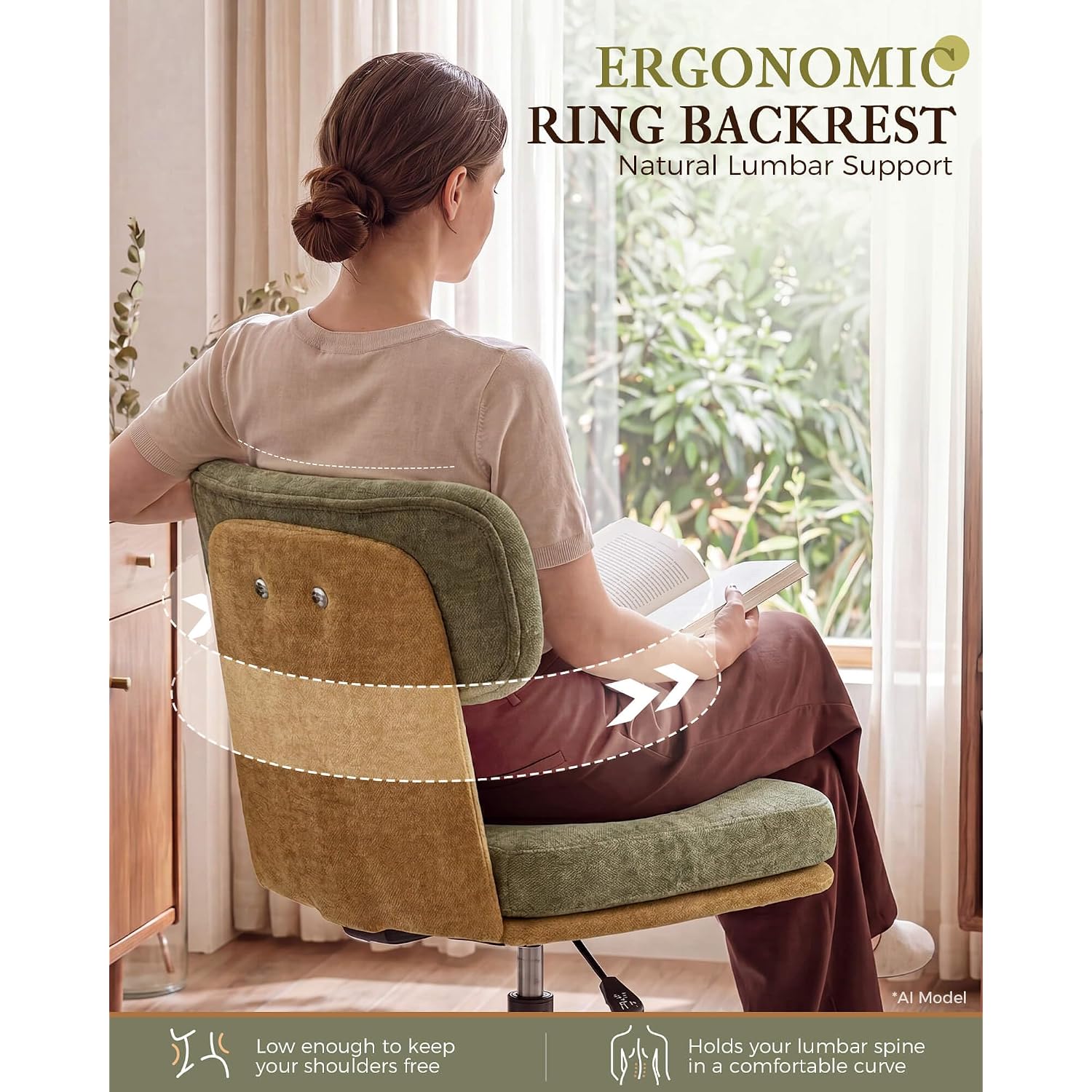 Comhoma Home Office Desk Chairs With Ergonomic Curved Backrest, Mid Century Modern Vanity Chair With Wheel For Bedroom, Chenille Upholstered, Green