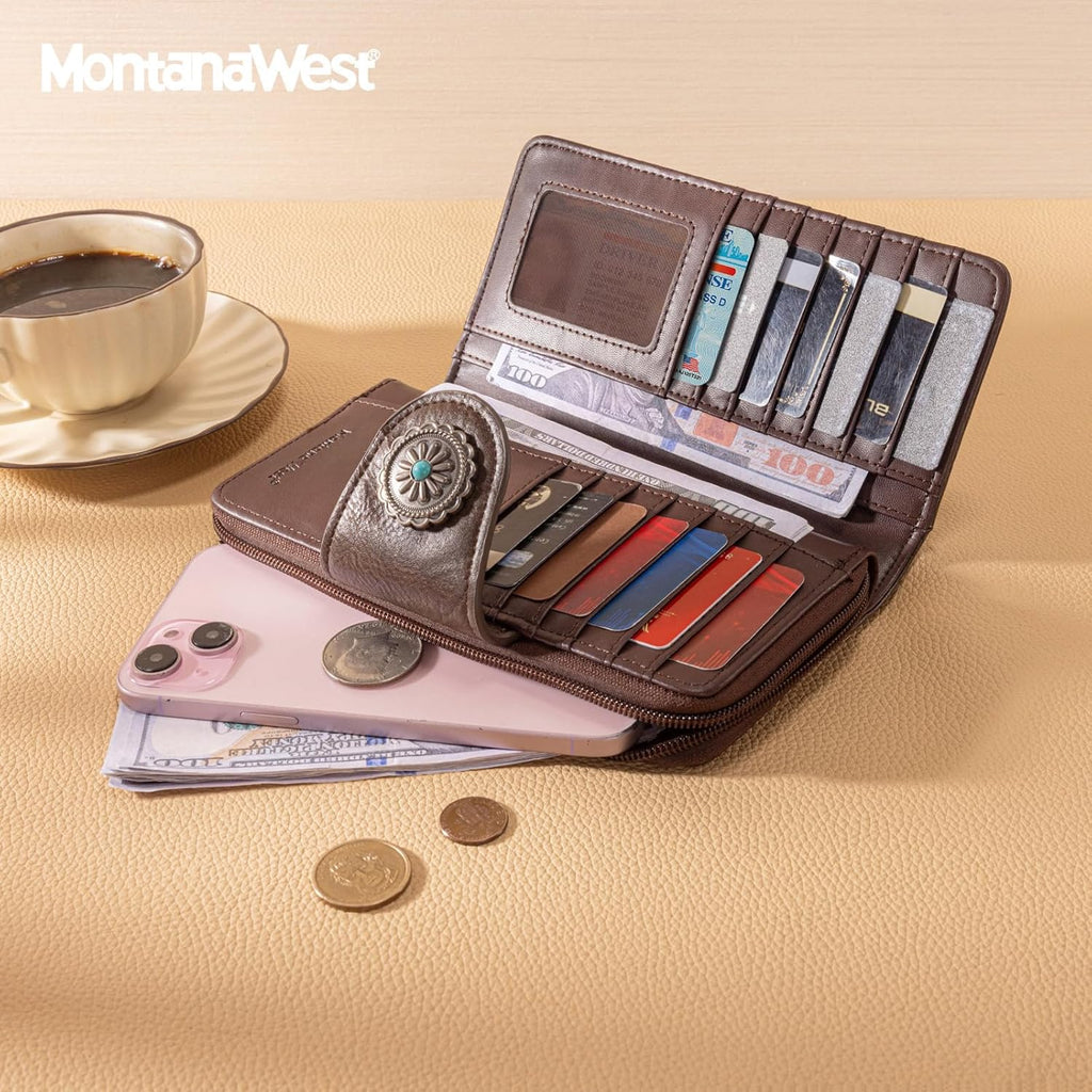 Montana West Women's Wallets Western Sunflower Wallet Women Large Capacity Credit Card Wallet Ladies Female Bifold Clutch Wallets with ID Window and Coin Purse