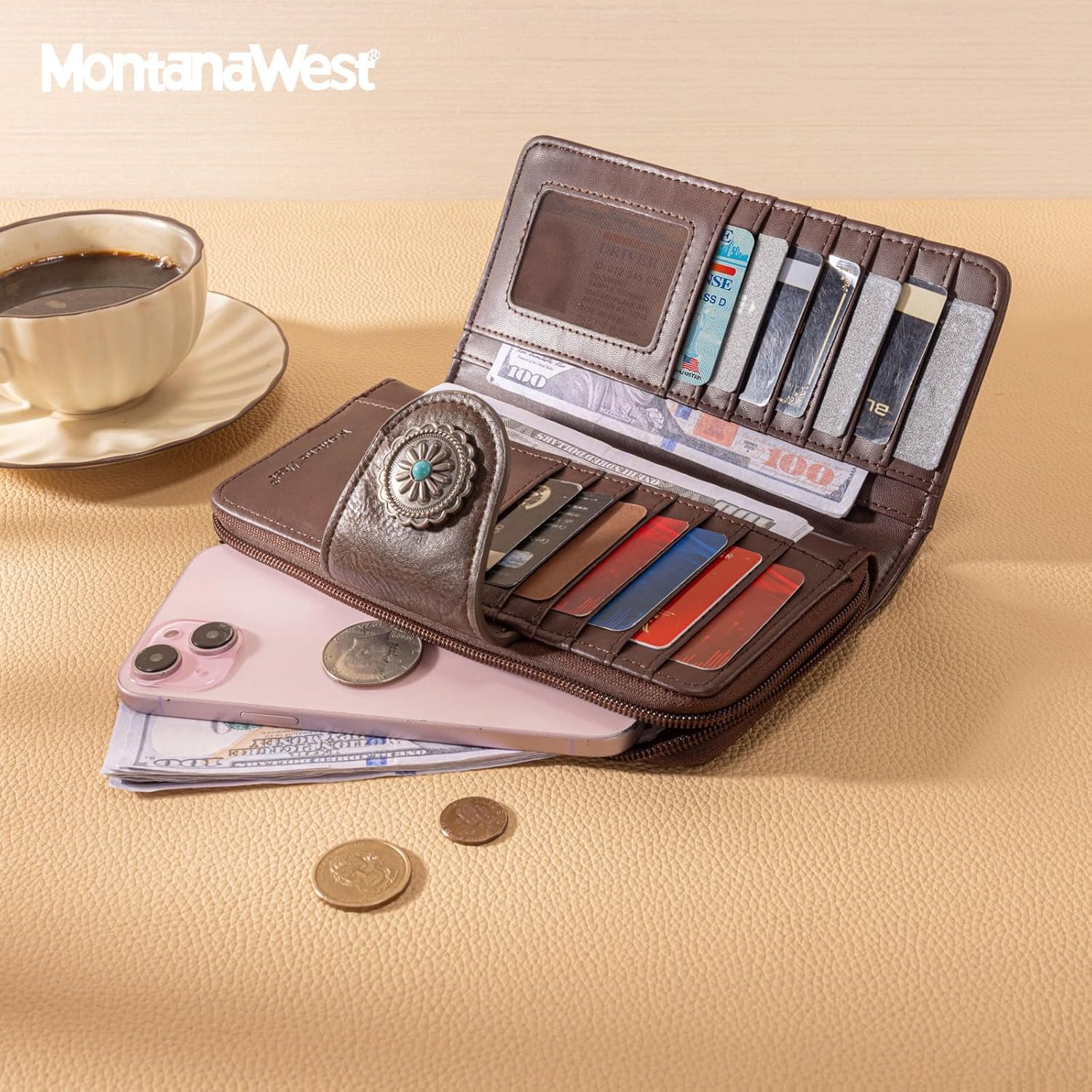 Montana West Women's Wallets Western Sunflower Wallet Women Large Capacity Credit Card Wallet Ladies Female Bifold Clutch Wallets with ID Window and Coin Purse