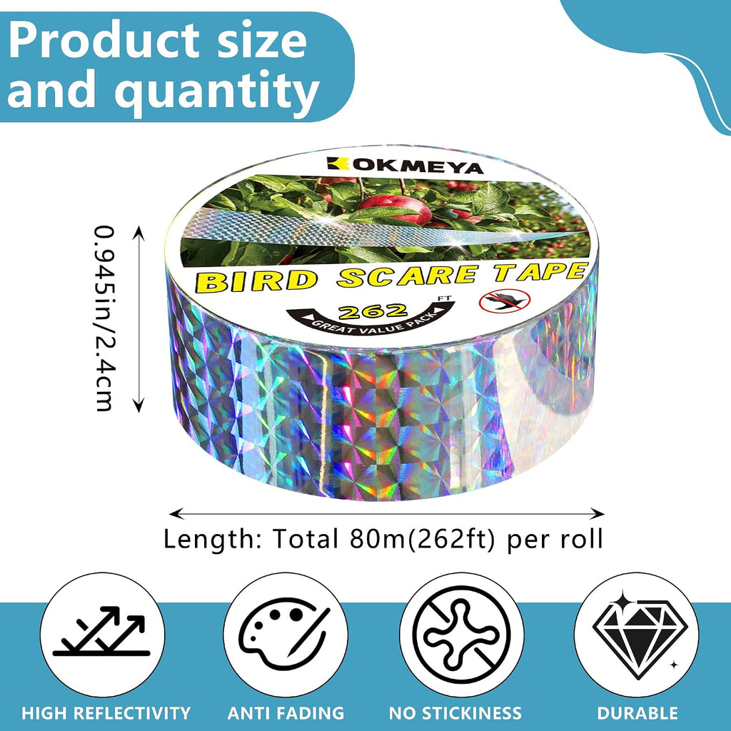 Bird Scare Tapes 262Ft*1 Reflective Flash Tape For Birds, Bird Scare Device Double Side Ribbon Scare Birds Away For House, Garden, Yard, Orchard, Patio, Outdoor