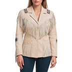 Spazeup Women'S Genuine Leather Fringe Jacket | Western Style Cream Fringe Jacket For Women