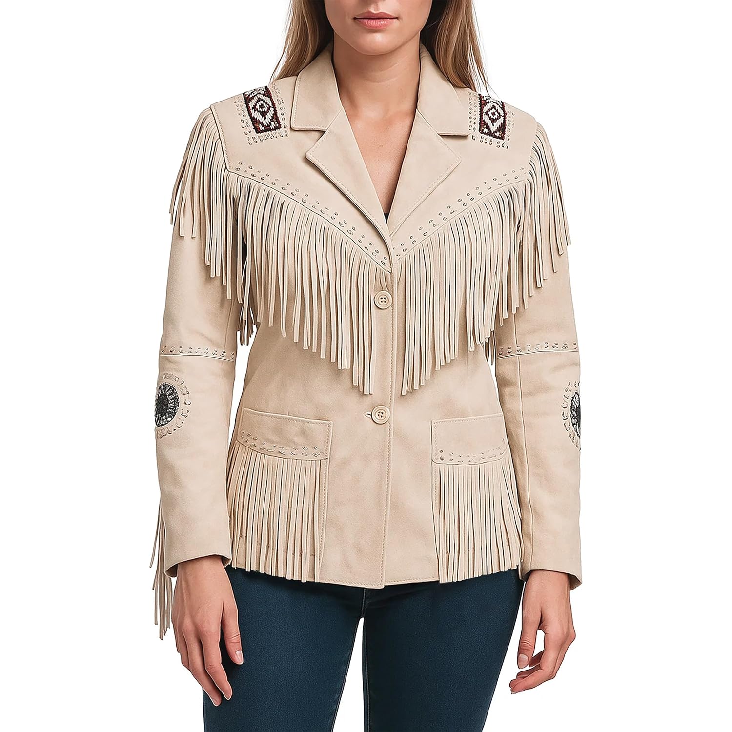 Spazeup Women'S Genuine Leather Fringe Jacket | Western Style Cream Fringe Jacket For Women