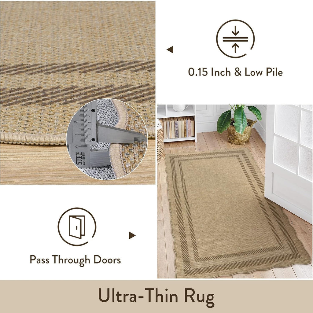 Livebox Scalloped Easy Jute 3X5 Outdoor Rug, Washable Non-Slip Geometric Tan Rugs For Entryway, Indoor Outdoor Farmhouse Rug Modern Carpet Door Mat Area Rug For Patio Bedroom Living Room Kitchen Porch
