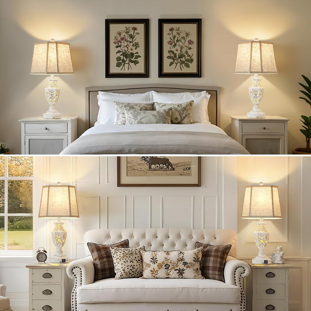 Lamps For Night Stands Set Of 2-23.5" Boho Bedside Lamp With Usb A+C And Nightlight - Cream Rustic Carved Resin Farmhouse Table Lamp For Bedrooms, End Tables, Living Room, Bulbs Included