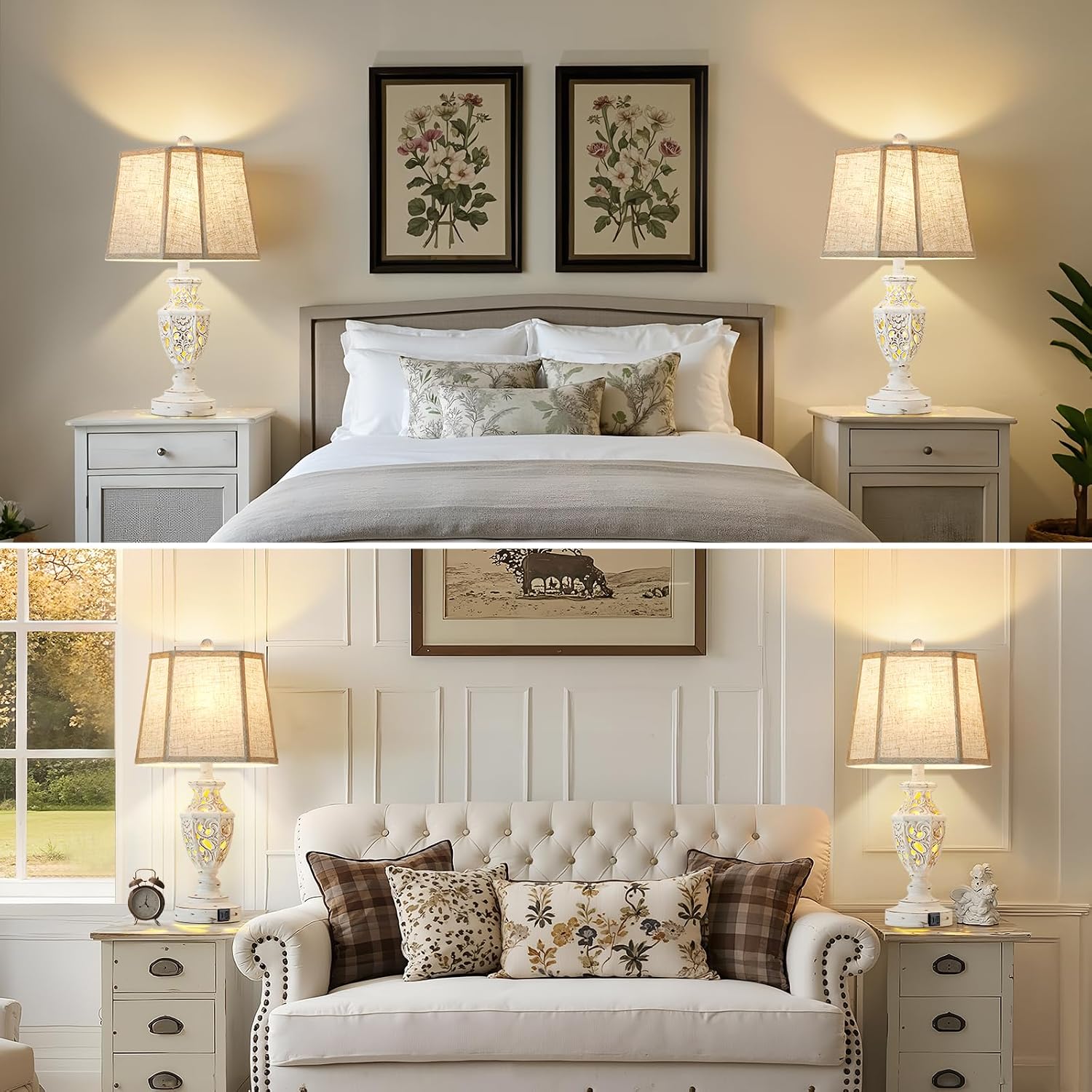 Lamps For Night Stands Set Of 2-23.5" Boho Bedside Lamp With Usb A+C And Nightlight - Cream Rustic Carved Resin Farmhouse Table Lamp For Bedrooms, End Tables, Living Room, Bulbs Included