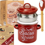 Ayerphalo Bacon Grease Container With Strainer - 46Oz Large Capacity, With Silicone Wooden Spatula, Enamel Bacon Grease Keeper For Bacon Drippings, Farmhouse Red Kitchen Decor, Dishwasher Safe