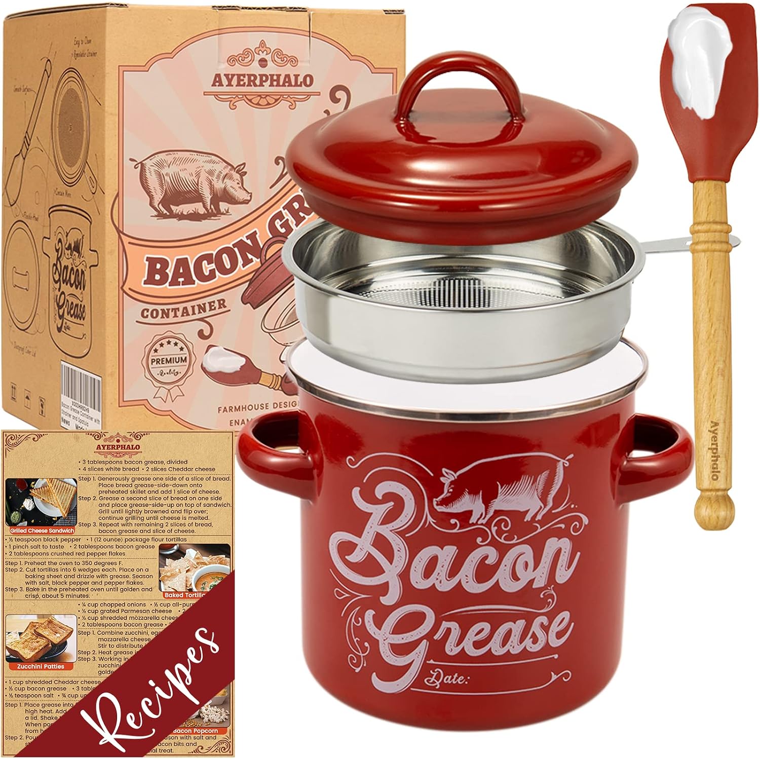 Ayerphalo Bacon Grease Container With Strainer - 46Oz Large Capacity, With Silicone Wooden Spatula, Enamel Bacon Grease Keeper For Bacon Drippings, Farmhouse Red Kitchen Decor, Dishwasher Safe