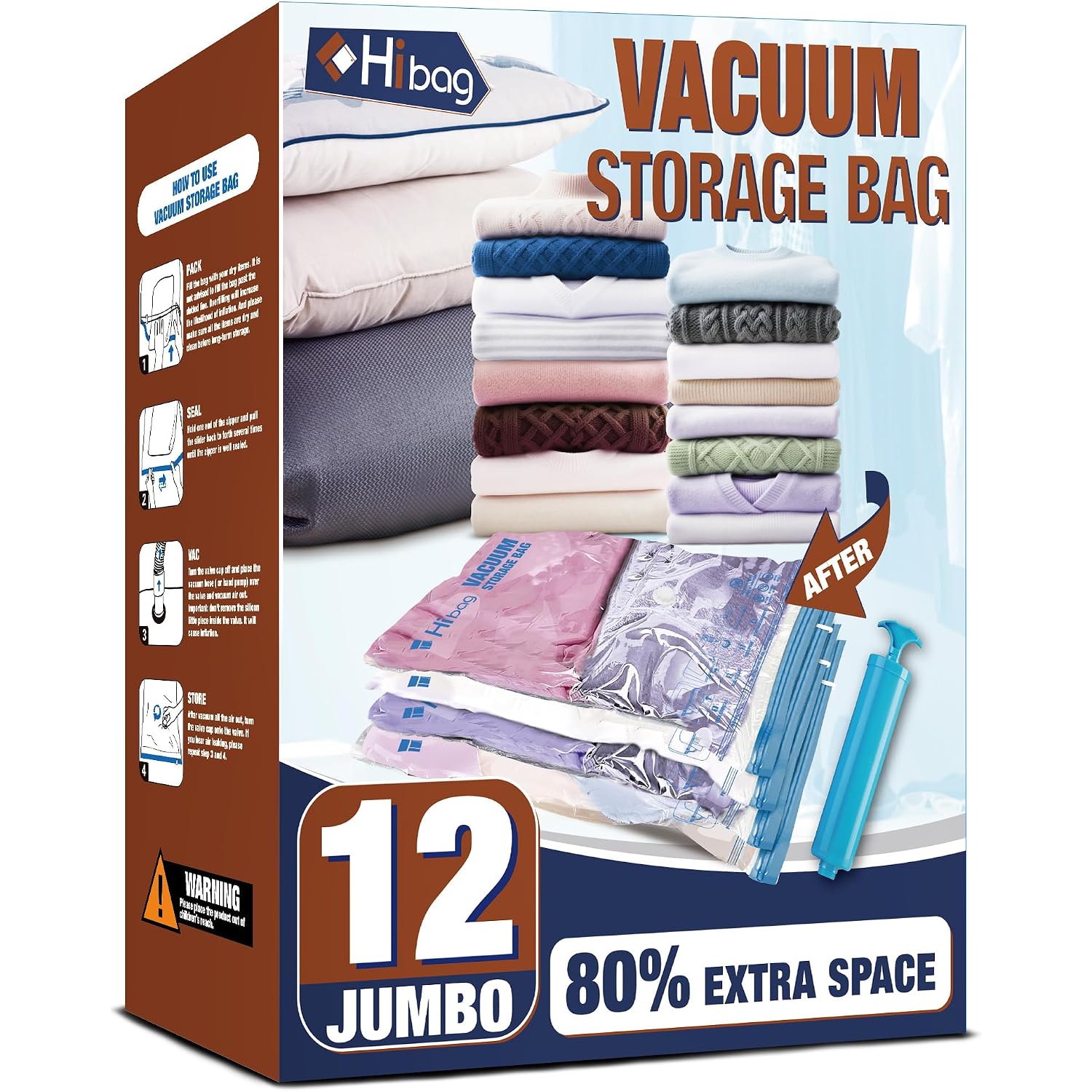 12 Jumbo Vacuum Storage Bags For Bedding, Vacuum Seal Bags For Clothing | Extra Large Xl, Airtight Triple Seal, Save 80% Space, Hand Pump, Work With Vacuum, Double Zip, Reusable, Easy To Use