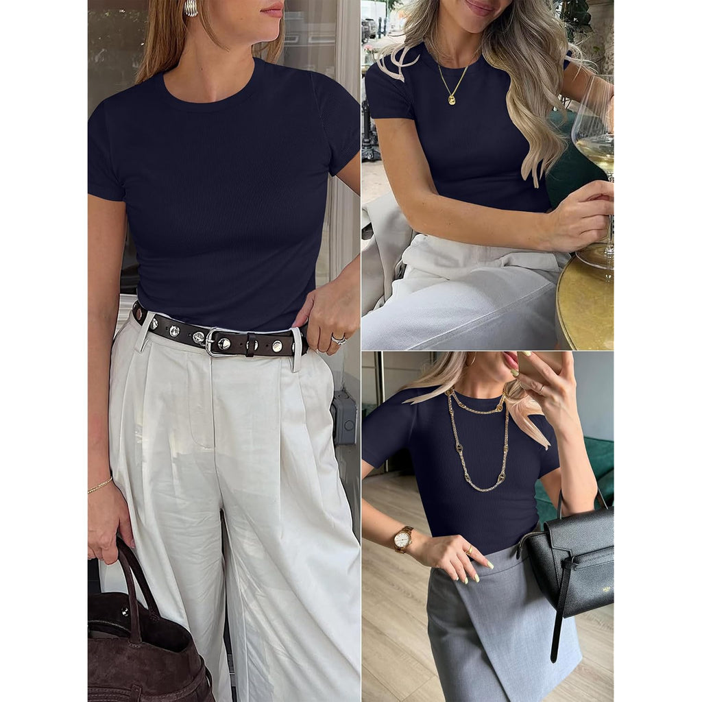 ANRABESS Women Short Sleeve Crewneck Ribbed Knit Slim Fitted Shirts Summer Tops Basic Tee Casual 2026 Spring Outfits Clothes