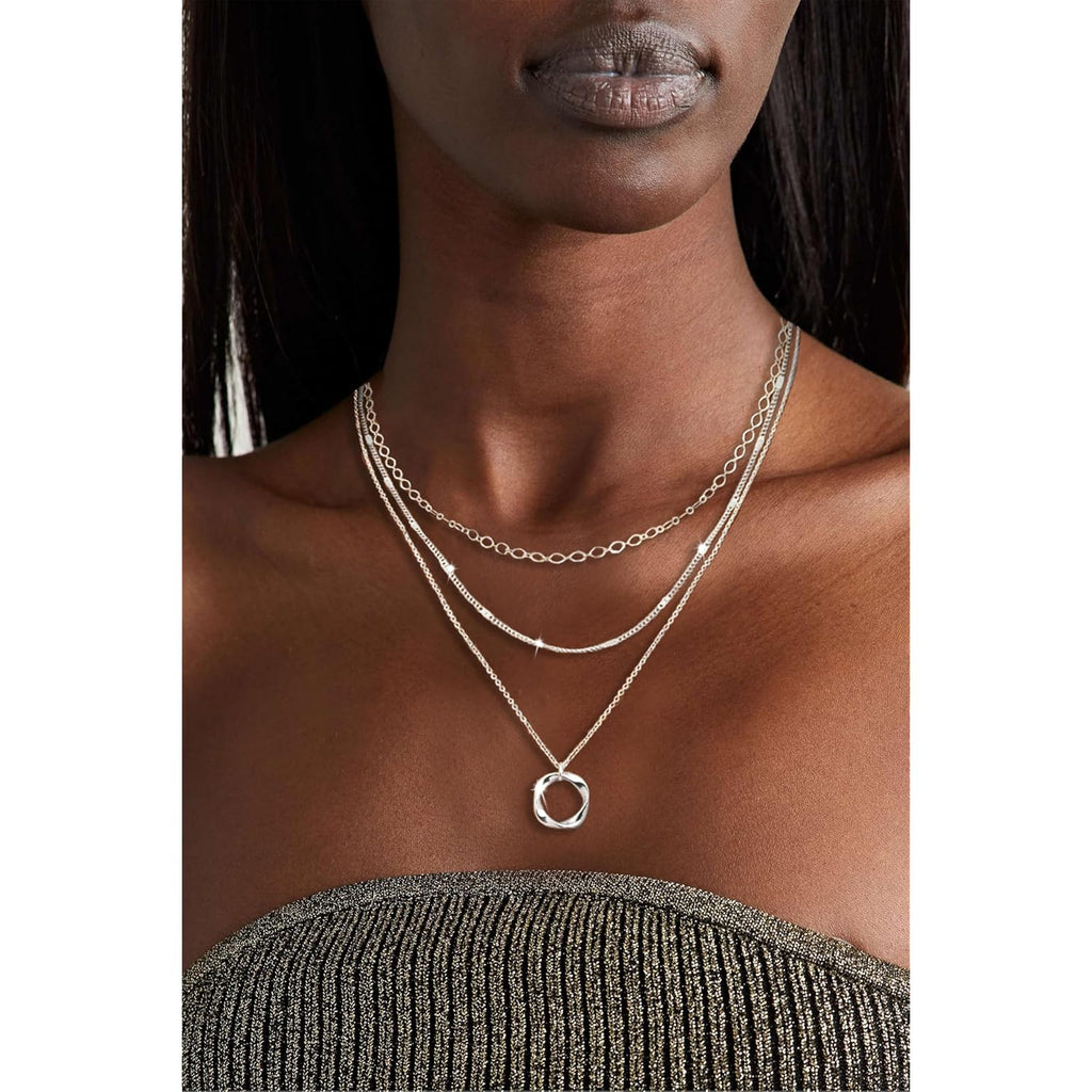 Cuzmly Layered Silver Necklaces for Women, Sterling Silver Stackable Stack Choker Necklaces for Women Trendy Layering Circle Pendant Chain Necklace Set Jewelry for Women