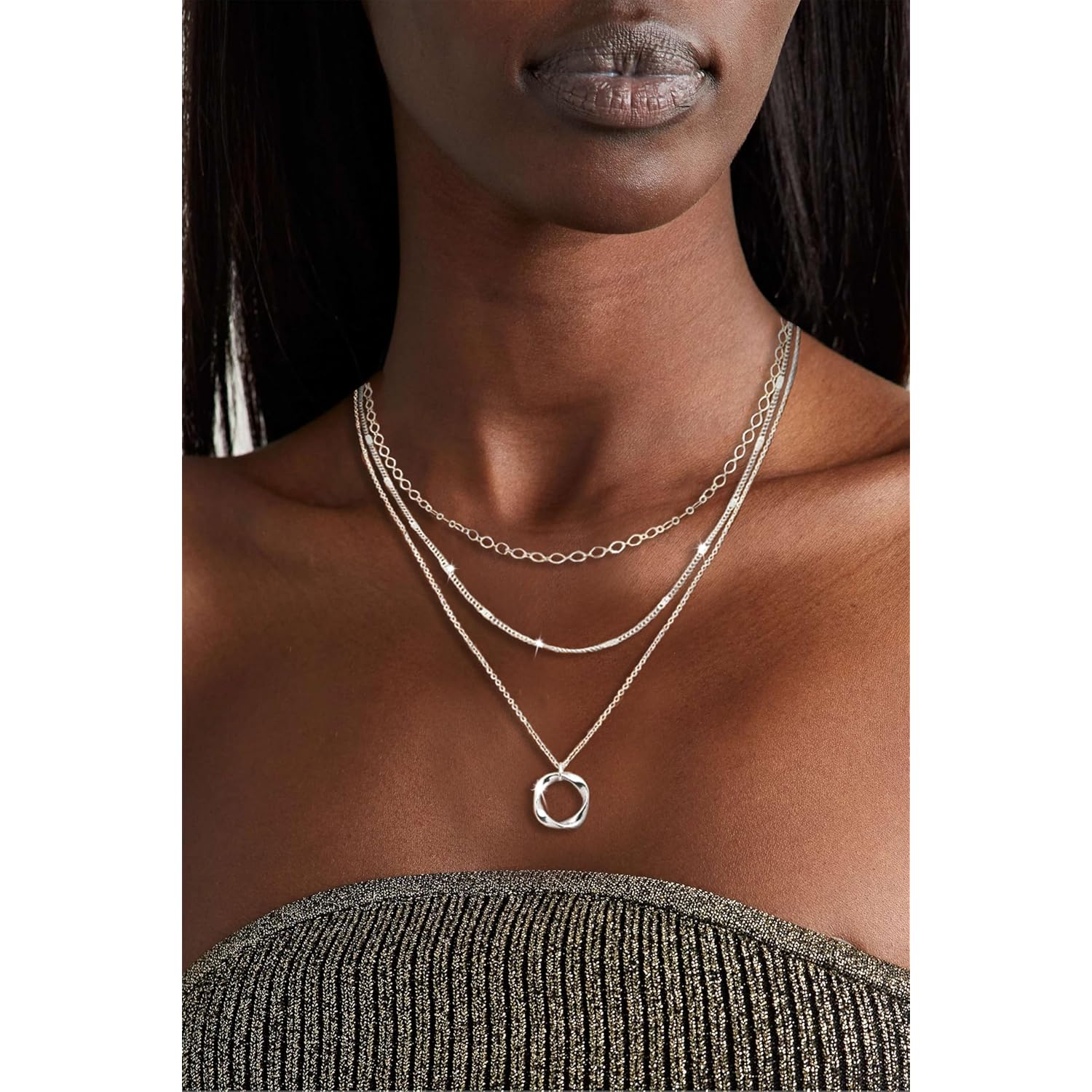 Cuzmly Layered Silver Necklaces for Women, Sterling Silver Stackable Stack Choker Necklaces for Women Trendy Layering Circle Pendant Chain Necklace Set Jewelry for Women