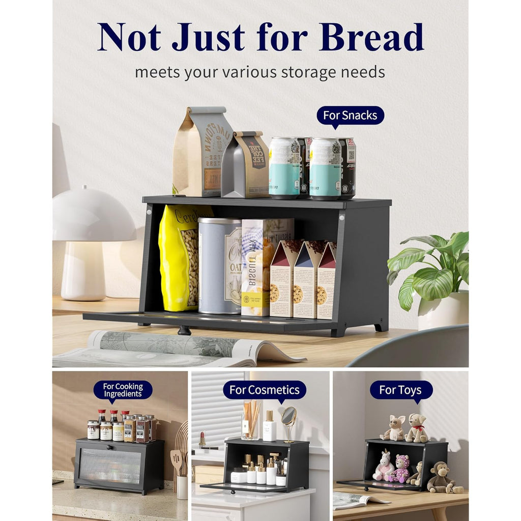 Kitsure Bread Box - Wooden Bread Box for Kitchen Countertop, Large Capacity Kitchen Countertop Organizer, Stylish Bread Storage with Window, Multi-functional Container, Black, 1-Tier