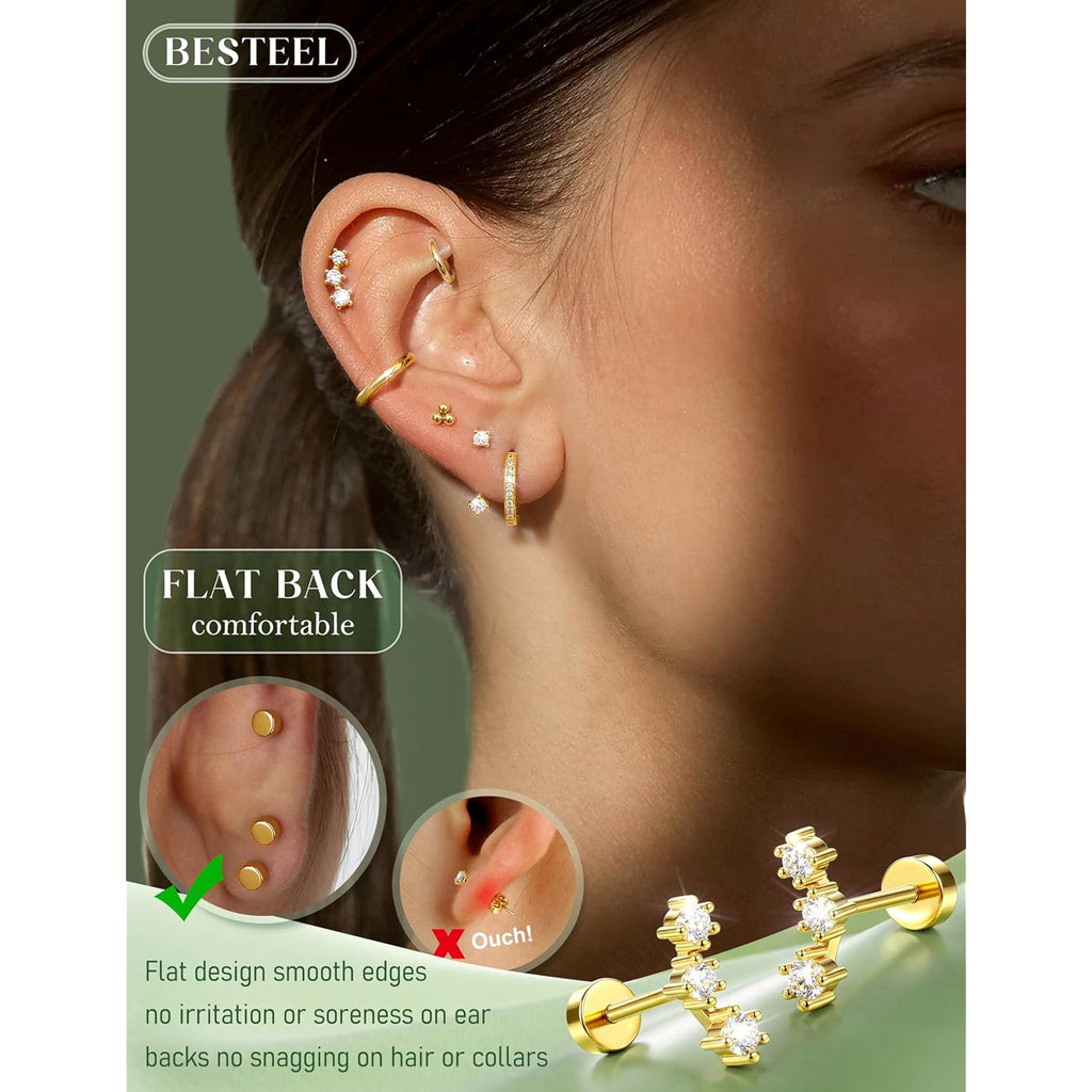 Hypoallergenic Flat Back Earrings 14K Gold Plated Cartilage Earring Stacks for Sensitive Ears Surgical Steel Small Huggie Hoops Flatback Stud Earrings Set for Multiple Piercing Jewelry Gift for Women