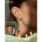 Hypoallergenic Flat Back Earrings 14K Gold Plated Cartilage Earring Stacks for Sensitive Ears Surgical Steel Small Huggie Hoops Flatback Stud Earrings Set for Multiple Piercing Jewelry Gift for Women