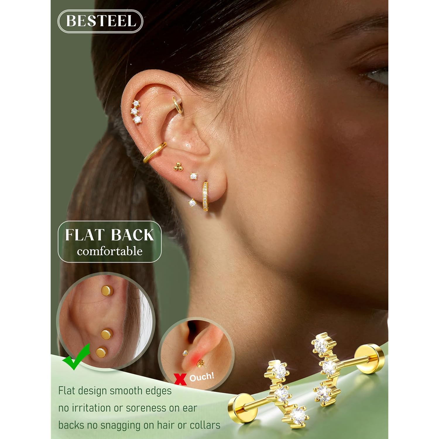 Hypoallergenic Flat Back Earrings 14K Gold Plated Cartilage Earring Stacks for Sensitive Ears Surgical Steel Small Huggie Hoops Flatback Stud Earrings Set for Multiple Piercing Jewelry Gift for Women