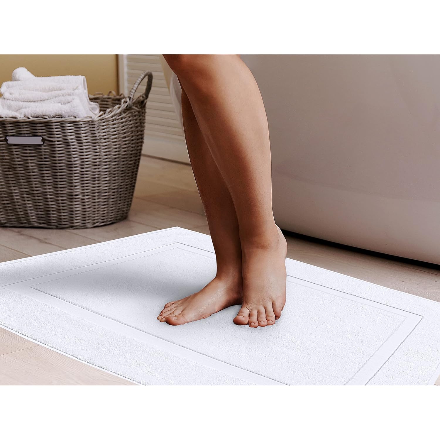 Utopia Towels Cotton Banded Rug, Bath Mats, Not a Bathroom Rug, 21 by 34 Inches, 100% Ring Spun Cotton, Highly Absorbent Shower Bathroom Floor Mat, White, 2 Pack