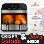 Gourmia Dual Basket Air Fryer - 10 Qt Large Capacity, Fryforce360º, Digital Display With 7 Presets, Roast, Bake, Broil, Dehydrate, Match Cook, Sync Finish, Dishwasher Safe Accessories, Black