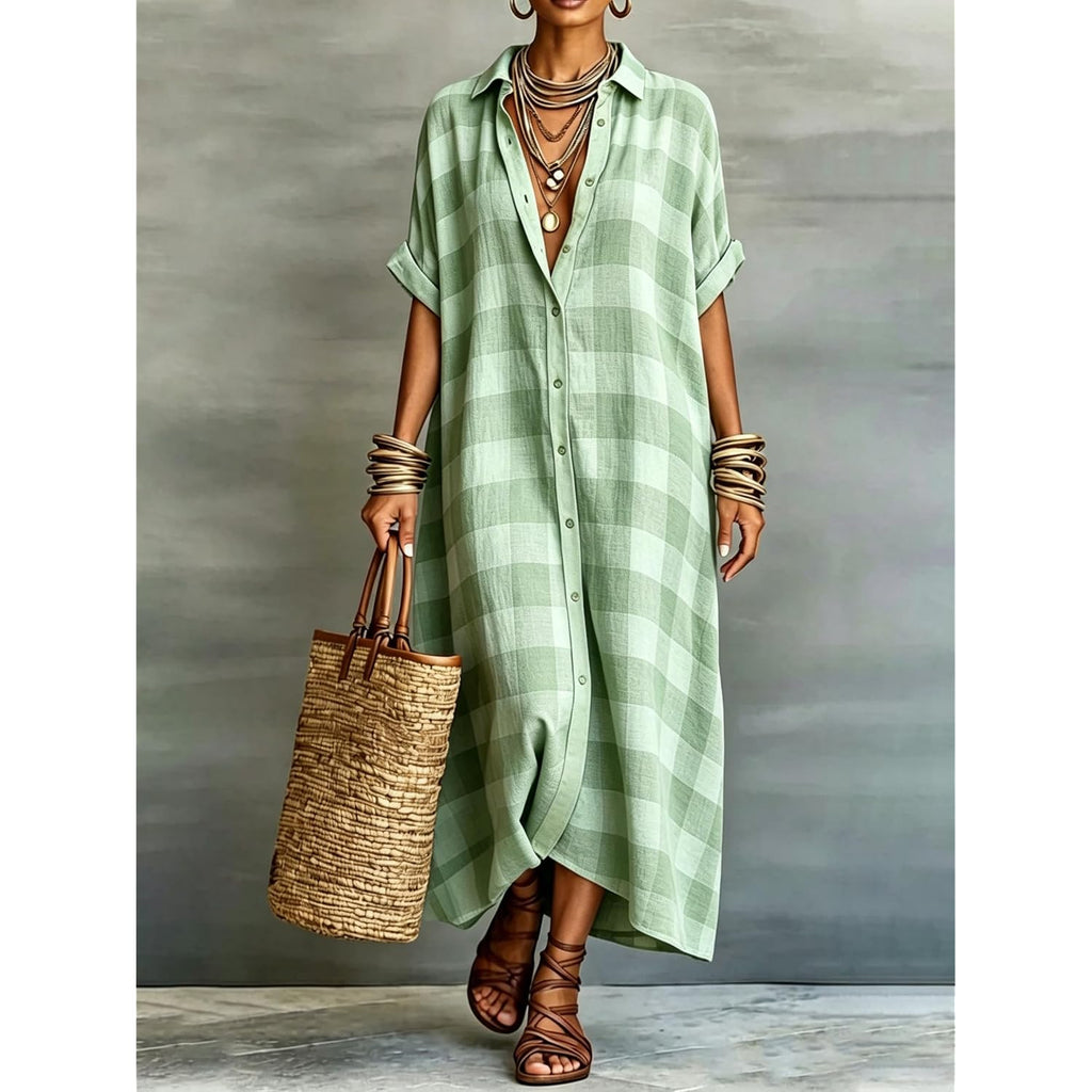 Women'S Cotton Linen Maxi Shirt Dress Short Sleeve Button Down Casual Loose Summer Gingham Beach Cover Up