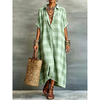 Women'S Cotton Linen Maxi Shirt Dress Short Sleeve Button Down Casual Loose Summer Gingham Beach Cover Up